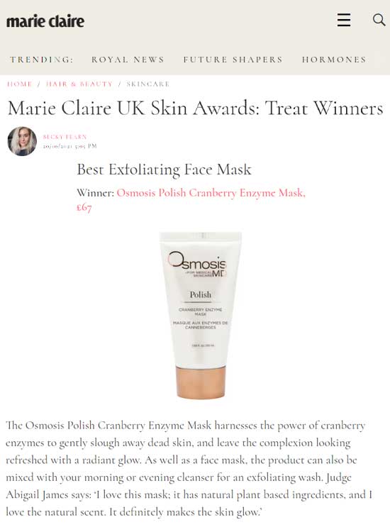 Marie Claire UK award for best exfoliating face mask