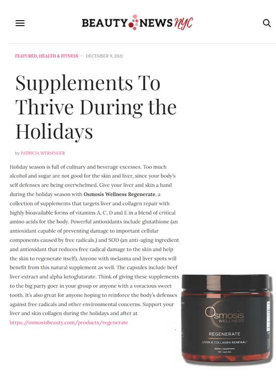 Osmosis Regenerate featured in Beauty News NYC Supplements to Thrive During the Holidays