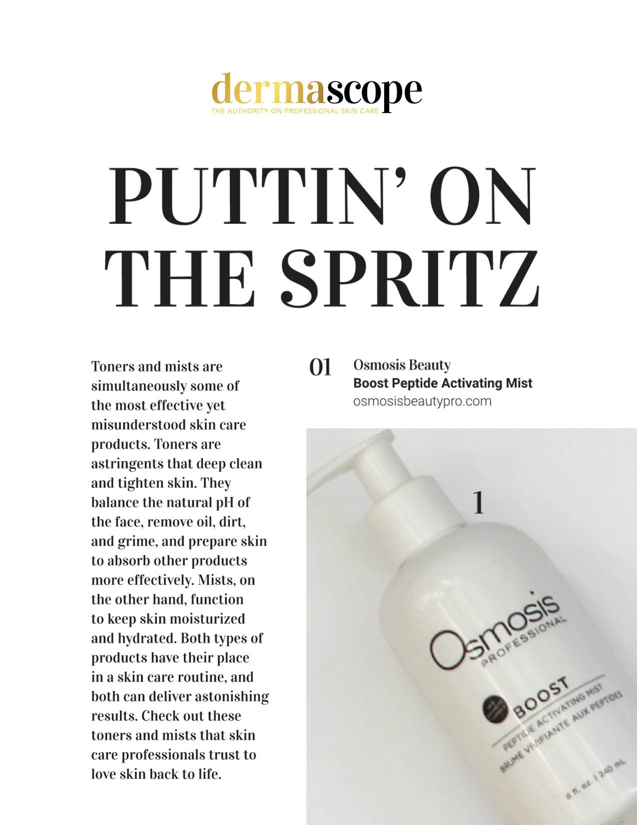 Boost Peptide Activating Mist was featured in the March 2023 issue of Dermascope